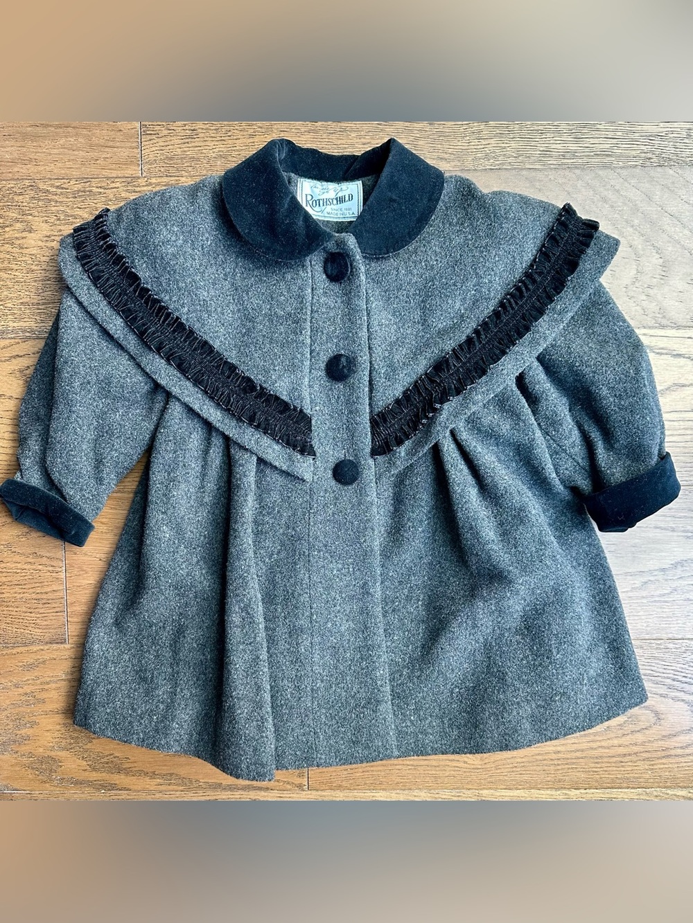 Rothschild Girls' Charcoal Gray Wool Cape Coat with Black Velvet Trim VTG Union
